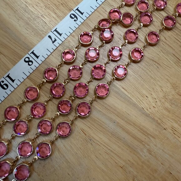 Pink Glass Crystal Gold Tone Long Necklace 36 Inch Length Elegant Jewelry - Picture 3 of 6